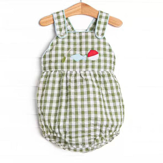 (Custom Design Preorder MOQ 5 ) Fishing Green Plaid Print Baby Summer Strap Romper