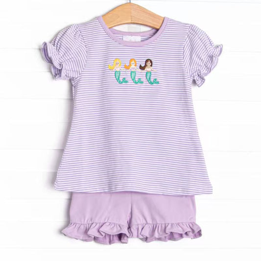 (Custom Design Preorder MOQ 5) Mermaid Stripes Top Ruffle Shorts Girls Summer Outfits