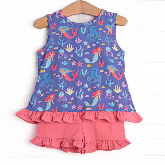 (Custom Design Preorder MOQ 5) Mermaid Top Ruffle Shorts Girls Summer Outfits
