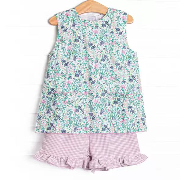 (Custom Design Preorder MOQ 5) Small Flowers Top Pink Plaid Shorts Girls Summer Outfits
