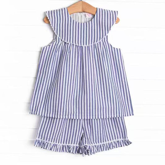 (Custom Design Preorder MOQ 5)  Blue Stripes Tunic Top Ruffle Shorts Baby Girls Summer Outfits