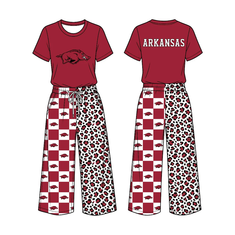 Preorder( 5  MOQ) Baby Girls Sport Team Arkansas Short Sleeve Top Checker Leopard Pants Outfit