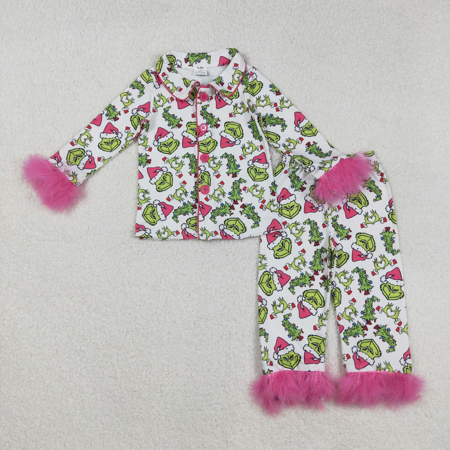 Mama and Me Christmas Fur Green Face Buttons Top Pants Pajamas Sets