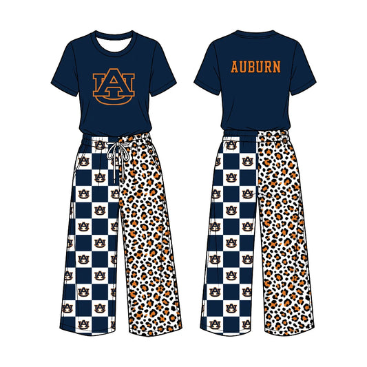 Preorder( 5  MOQ) Baby Girls Sport Team Auburn Short Sleeve Top Checker Leopard Pants Outfit
