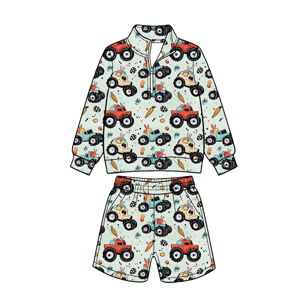 (Custom Design Preorder MOQ 5 Each)Bunny Trucks Print Pullover Top Pockets Shorts Boys Easter Clothes Set Brothers Wear