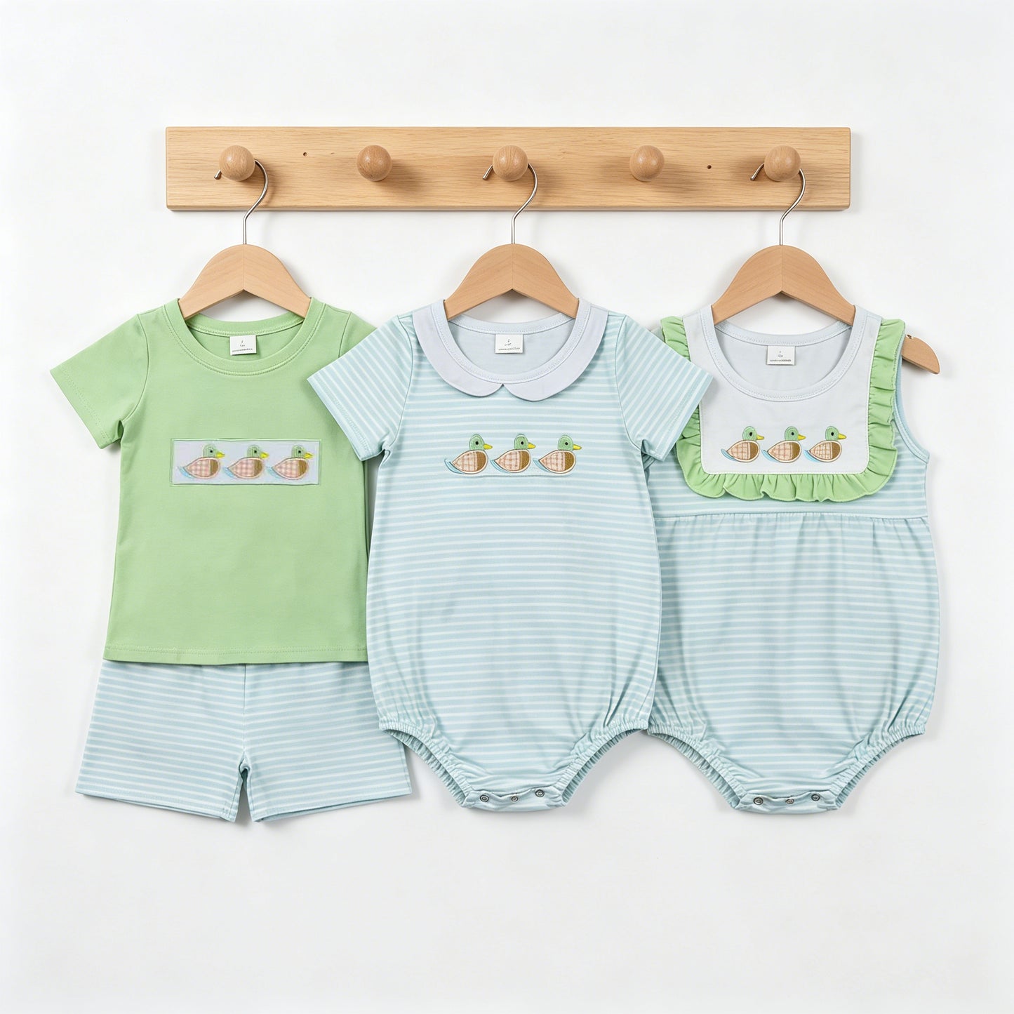 Sibling Baby Girls Embroidery Duck Shorts Set Bubble Romper
