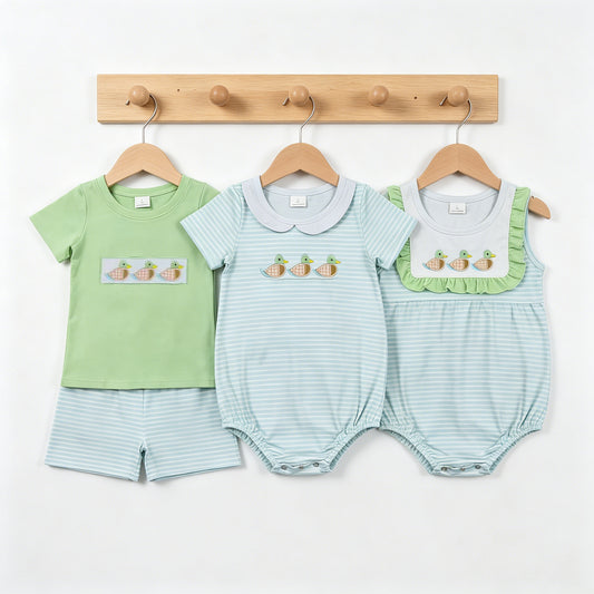 Sibling Baby Girls Embroidery Duck Shorts Set Bubble Romper