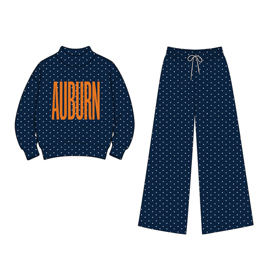 (Custom Design Preorder MOQ 5 Each) Teams Auburn Polka Dot Mock Necks Top Pockets Pants Girls & Woman Clothes Set