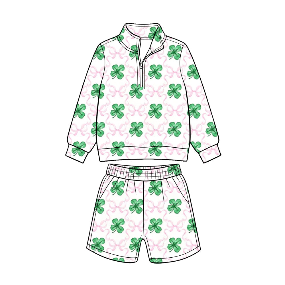 (Custom Design Preorder MOQ 5 Each) Rainbow Bows Print Long Sleeve Zipper Top Shorts Girls St Patrick Day Clothes Set Sisters Wear