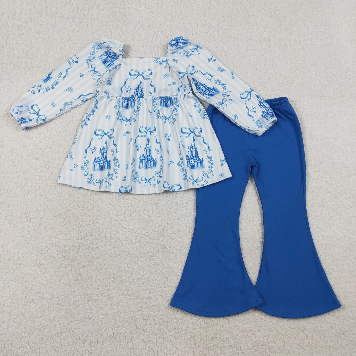 Sibling Baby Girls Blue Stripe Bows Castles Tunic Bell Bottom Clothes Set Knee Length Dresses