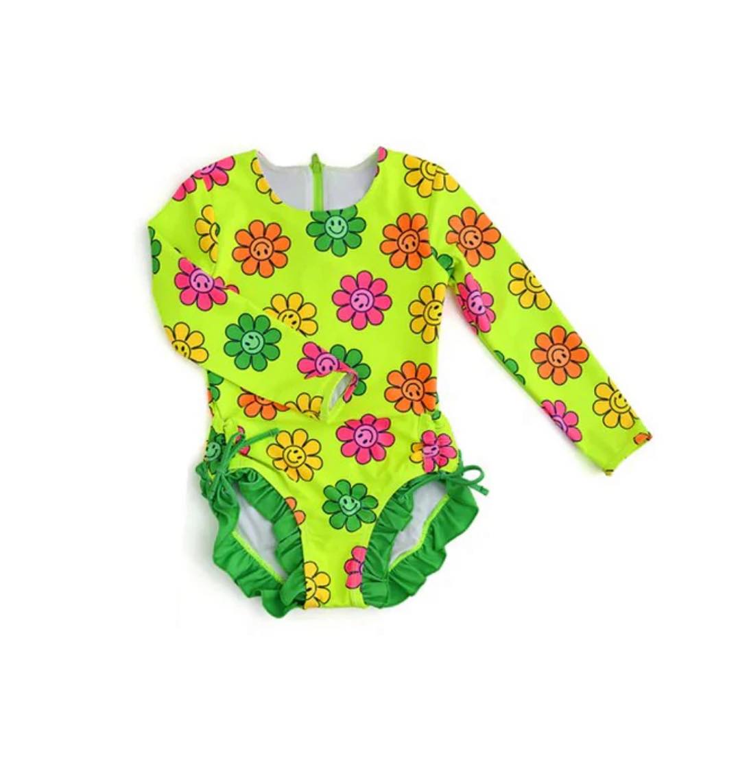 (Custom Design Preorder MOQ 5) Smiling Face Flowers Baby Girls Zipper Swimsuits