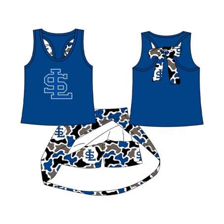 (Custom Design Preorder MOQ 5) Baby Girls Blue Camo SL Back Bow Top Skirt Shorts Team Clothes Sets