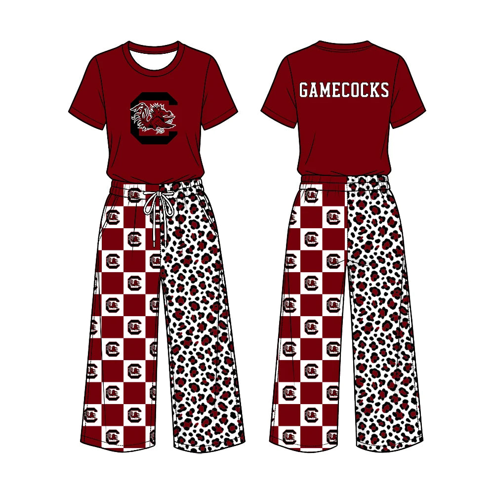 Preorder( 5  MOQ) Baby Girls Sport Team Gamecocks Short Sleeve Top Checker Leopard Pants Outfit