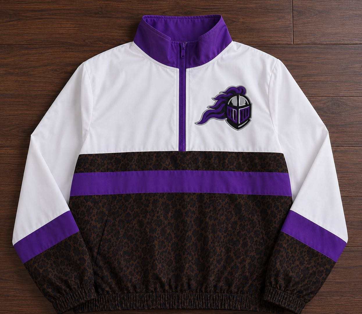 (Custom Design Preorder MOQ 5) Teams Purple Knights Leopard Print Girls & Women Sports  Long Sleeve Zipper Pullover Jacket
