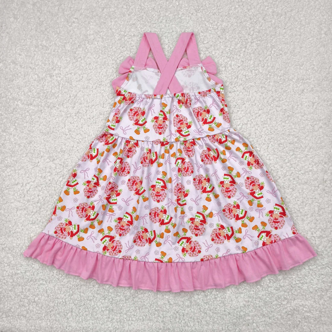 Sibling Baby Girls Pink Strap Bows Strawberry Floral Knee Length Dresses Rompers