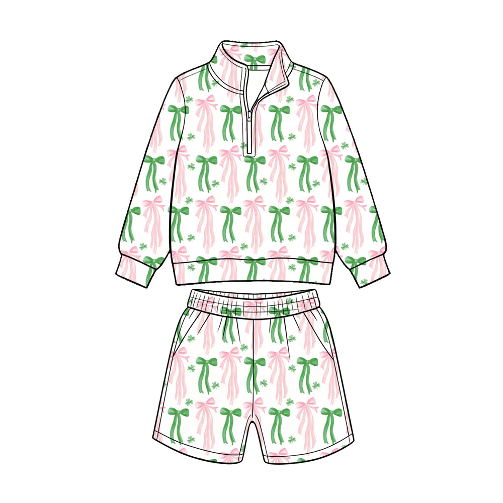 (Custom Design Preorder MOQ 5 Each) Rainbow Bows Print Long Sleeve Zipper Top Shorts Girls St Patrick Day Clothes Set Sisters Wear