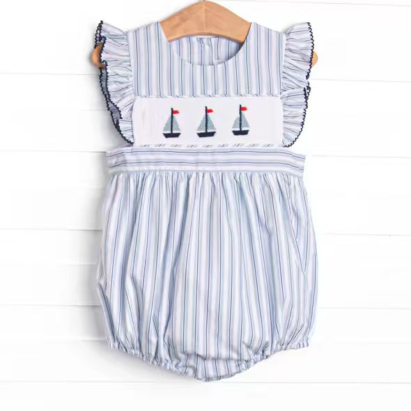 (Custom Design Preorder MOQ 5 ) Sailboat Stripes Baby Girls Summer Romper