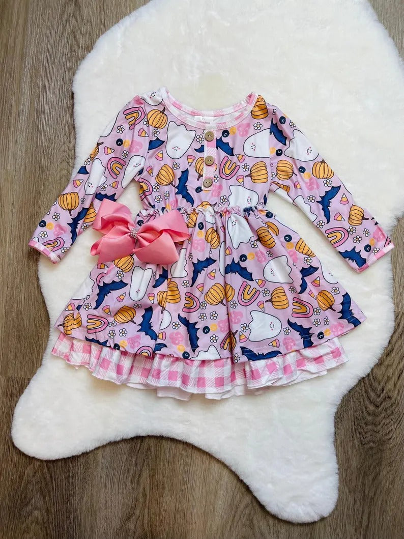 (Custom Design Preorder MOQ 5) Pumpkin Ghost Candy Girls Halloween Dress