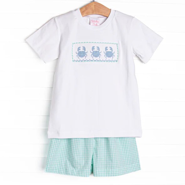 (Custom Design Preorder MOQ 5) Crab White  Top Green Plaid Shorts Baby Boys Summer Outfits