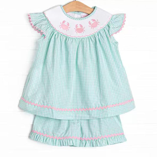 (Custom Design Preorder MOQ 5) Crab Tunic Top Green Plaid Shorts Baby Girls Summer Outfits