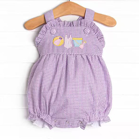 (Custom Design Preorder MOQ 5 ) Ball Purple Plaid Print Baby Girls Summer Romper