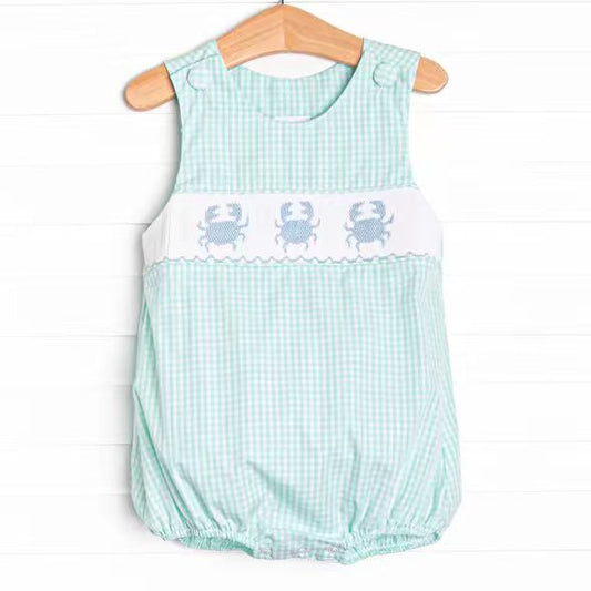 (Custom Design Preorder MOQ 5 ) Crab Green Plaid Print Baby Boys Summer Romper