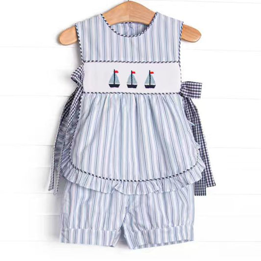 (Custom Design Preorder MOQ 5) Sailboat Stripes Print Baby Girls Summer Outfits