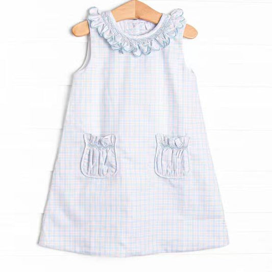 (Custom Design Preorder MOQ 5) Blue Plaid Ruffle Pockets Girls Summer Sleeveless Dress