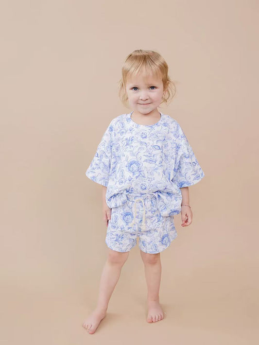 (Custom Design Preorder MOQ 5) Blue Flowers Shorts Baby Girls Summer Outfits