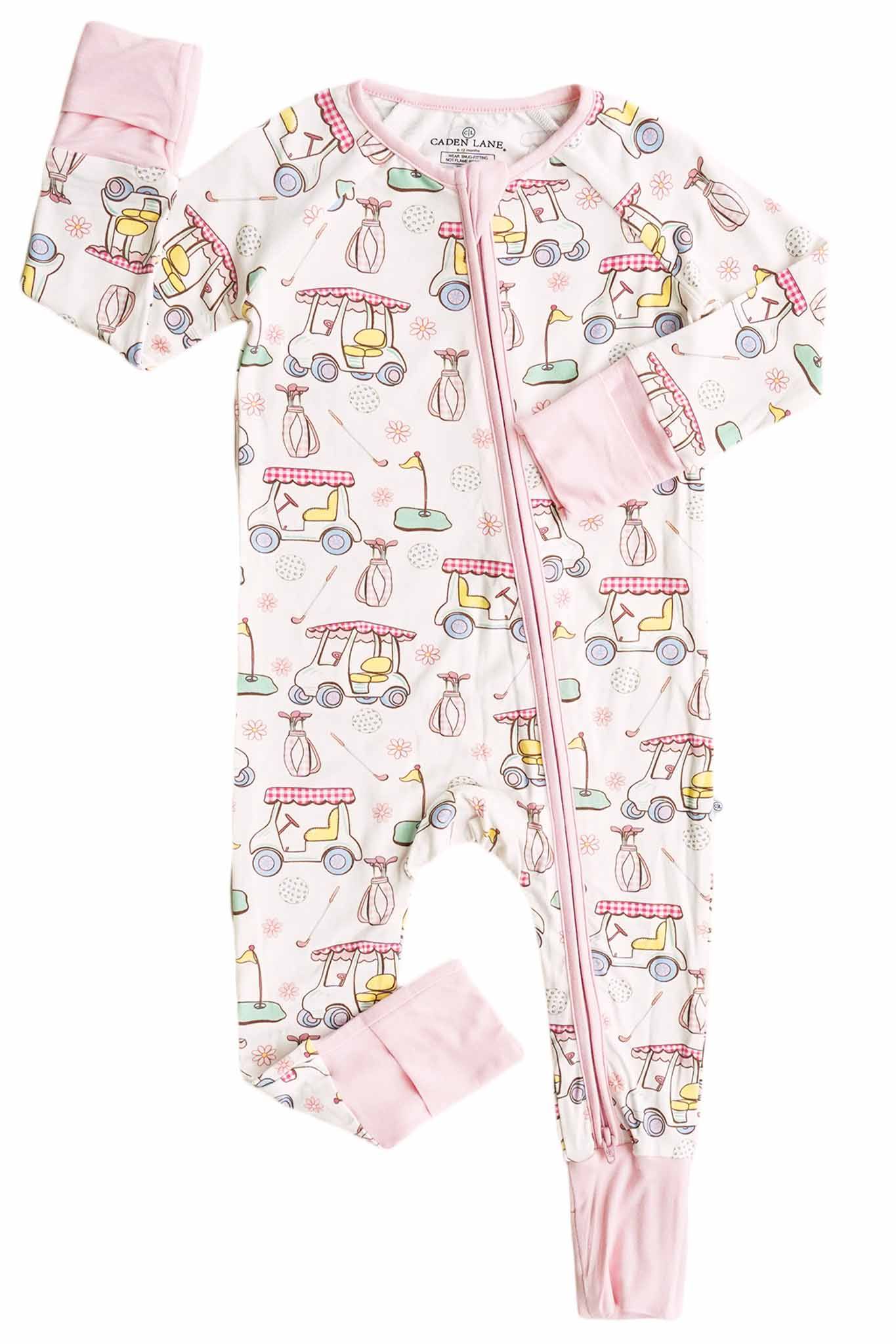 (Custom Design Preorder MOQ 5 ) Golf Flowers Print Baby Girls Zipper Sleeper Romper