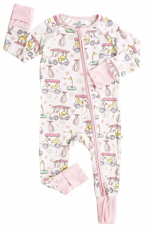 (Custom Design Preorder MOQ 5 ) Golf Flowers Print Baby Girls Zipper Sleeper Romper