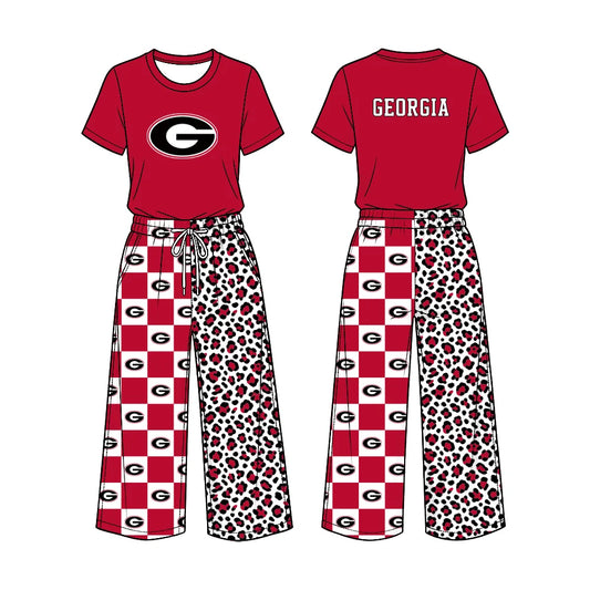 Preorder( 5  MOQ) Baby Girls Sport Team Georgia Short Sleeve Top Checker Leopard Pants Outfit