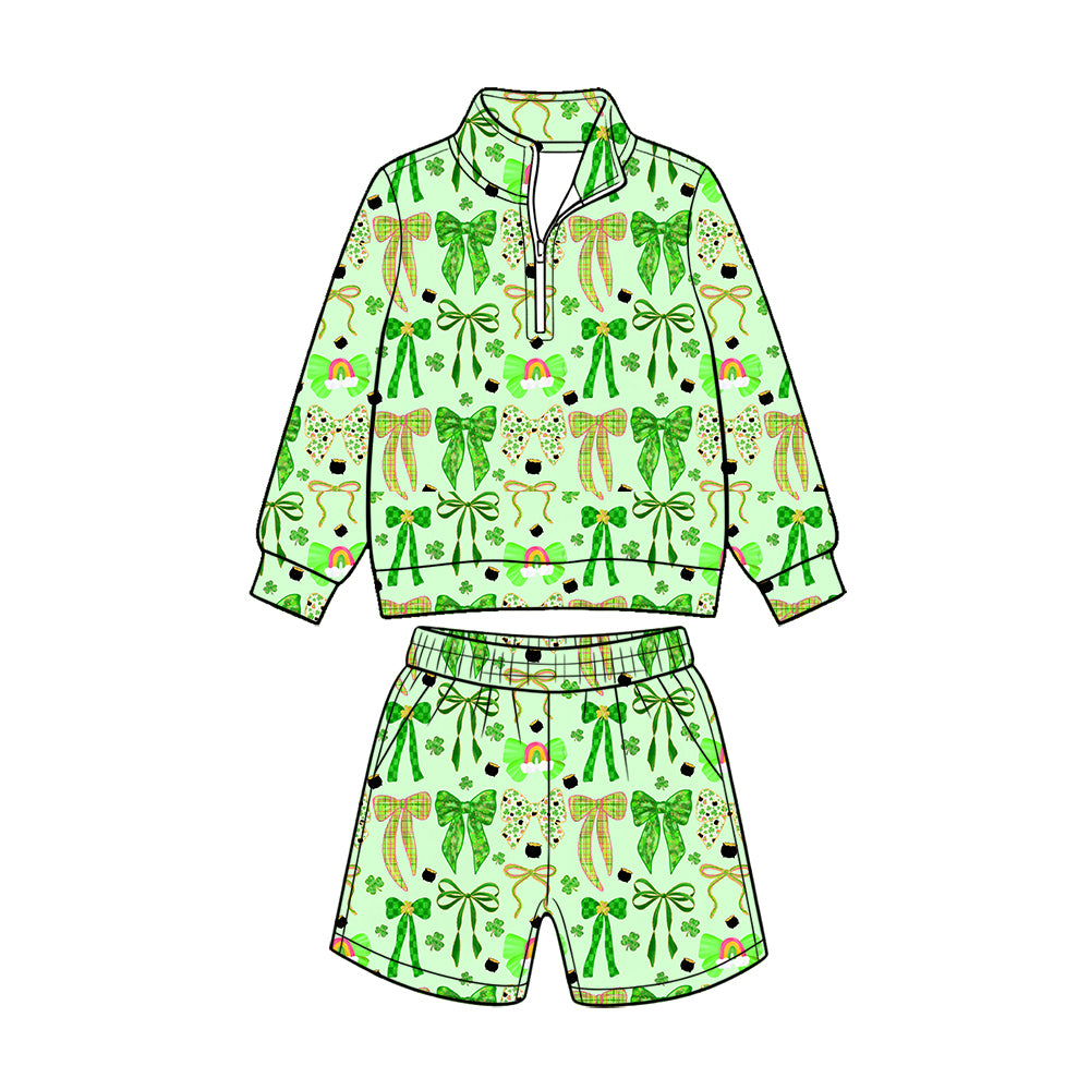(Custom Design Preorder MOQ 5 Each) Rainbow Bows Print Long Sleeve Zipper Top Shorts Girls St Patrick Day Clothes Set Sisters Wear