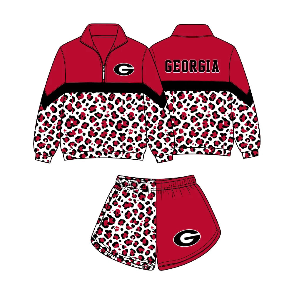 (Custom Design Preorder MOQ 5) Baby Girls Black Red Leopard Georgia Zip Pullovers Short Team Clothes Set
