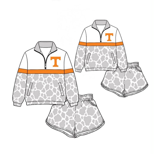 (Custom Design Preorder MOQ 5)  Teams Tennessee Grey Print Kids & Adult Long Sleeve Zipper Top Shorts Clothes Set
