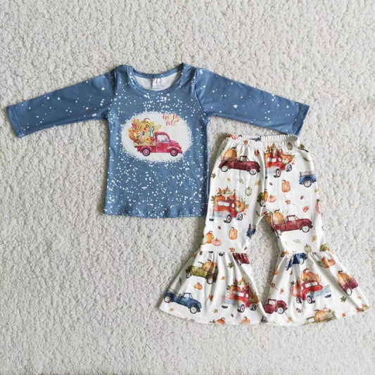 6 A0-4 Pumpkin Trucks Blue Top Bell Pants Girls Fall Clothes Set