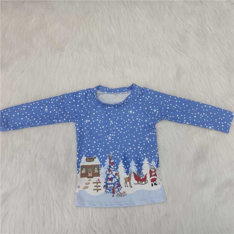 (Promotion)6 A1-16 Santa Blue Print Boys Christmas Tee Shirts Top