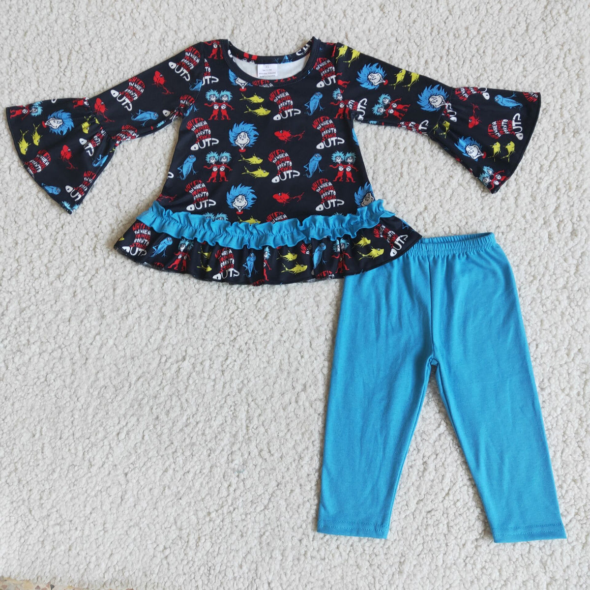 6 A10-16 Dr.Reading Ruffle Tunic Top Blue Pants Girls Clothes Set