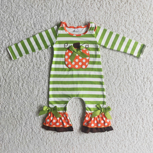 6 A10-26 Fall Pumpkin Embroidery Stripes Baby Girls Ruffles Romper