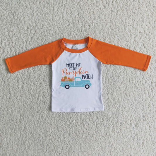 6 A11-17  Meet Me Pumpkin Tractor Boys Orange Long Sleeve Tee Shirts Tops