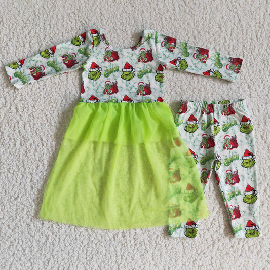 6 A12-19 Green Frog Tulle Top Legging Pants Girls Christmas Clothes Set