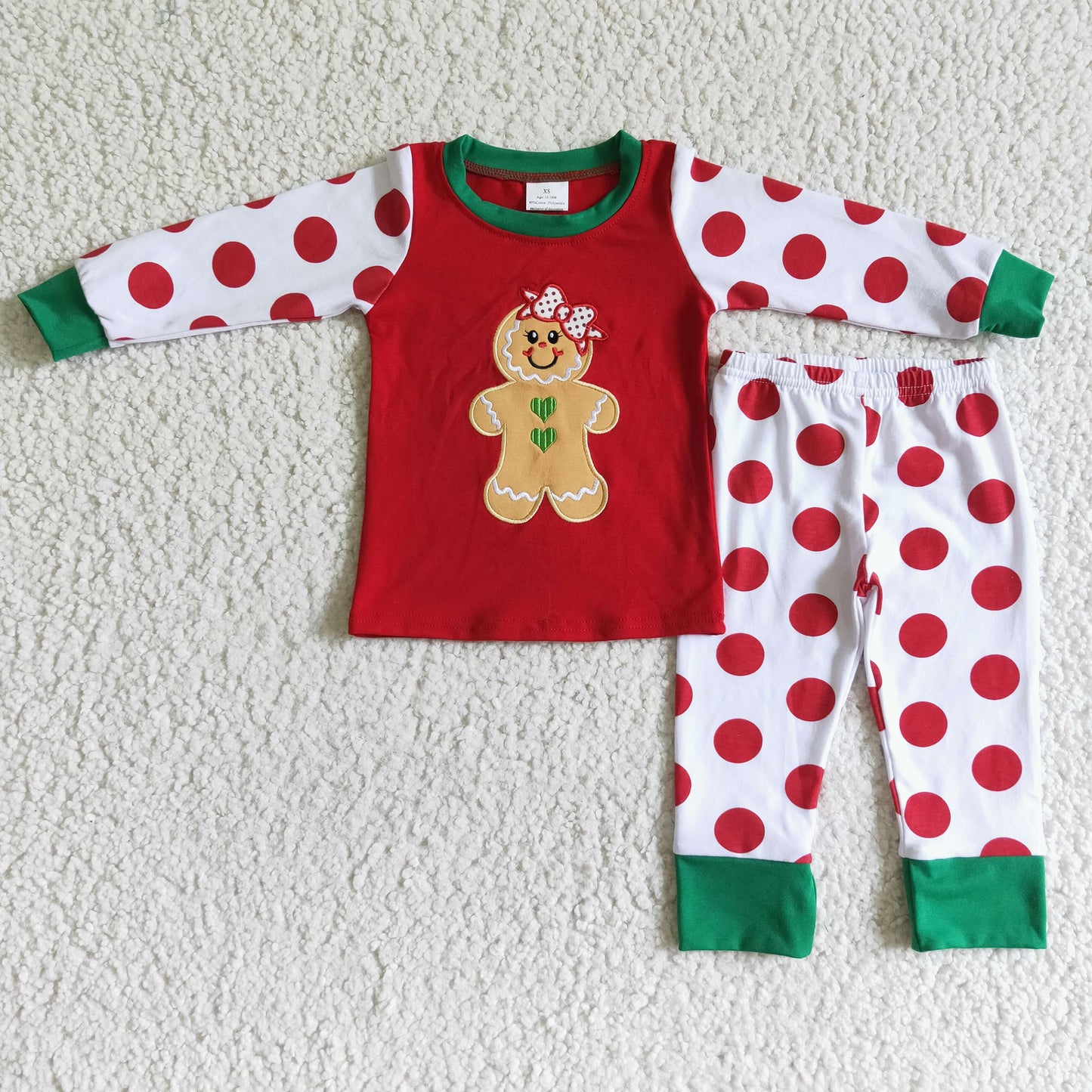 6 A12-20 Gingerbread Embroidery Top Dots Pants Girls Christmas Pajamas Clothes Set