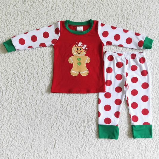 6 A12-20 Gingerbread Embroidery Top Dots Pants Girls Christmas Pajamas Clothes Set