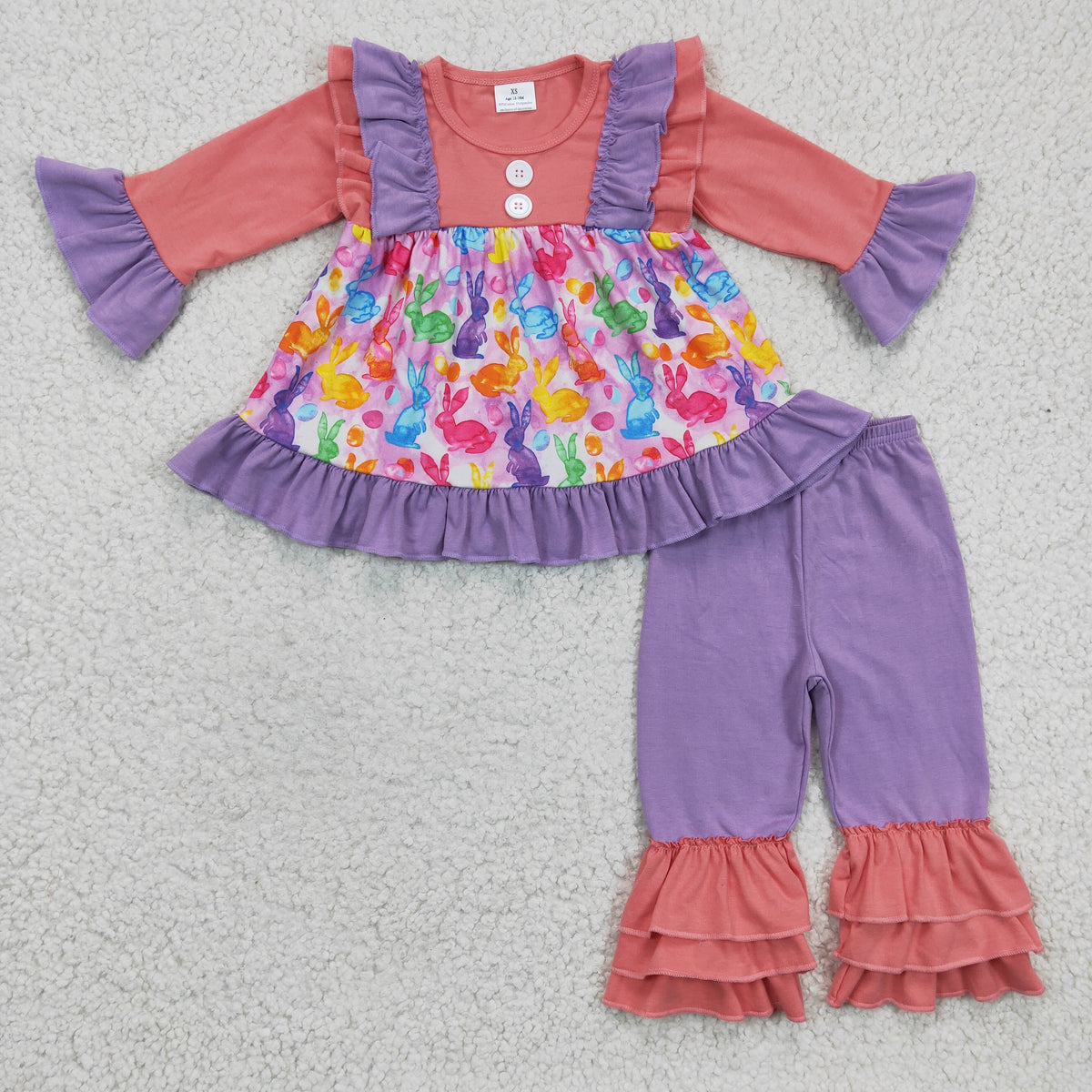 (Promotion)6 A14-16 Colorful Bunny Ruffles Tunic Top Purple Pants Girls Easter Clothes Set