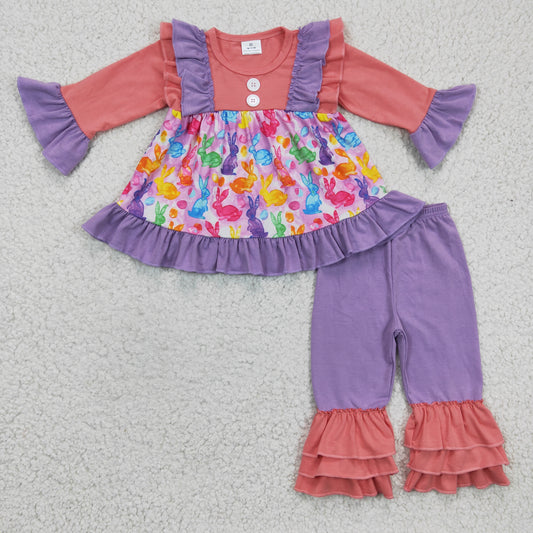(Promotion)6 A14-16 Colorful Bunny Ruffles Tunic Top Purple Pants Girls Easter Clothes Set