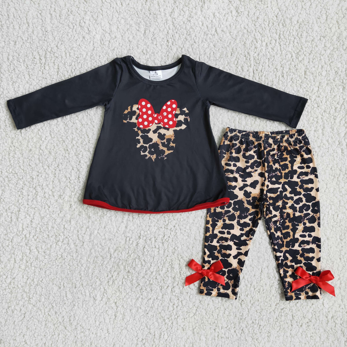 6 A15-17 Cartoon Mouse Black Top Leopard Pants Girls Clothes Set