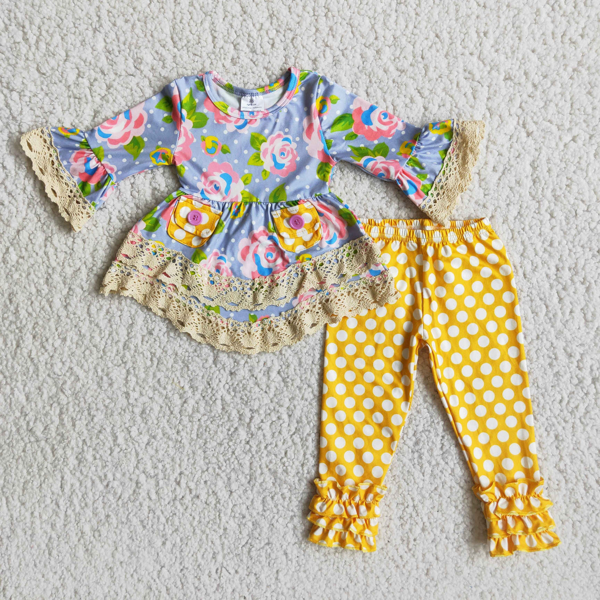 6 A17-12 Flowers Pockets Ruffles Tunic Top Dots Pants Girls Clothes Set