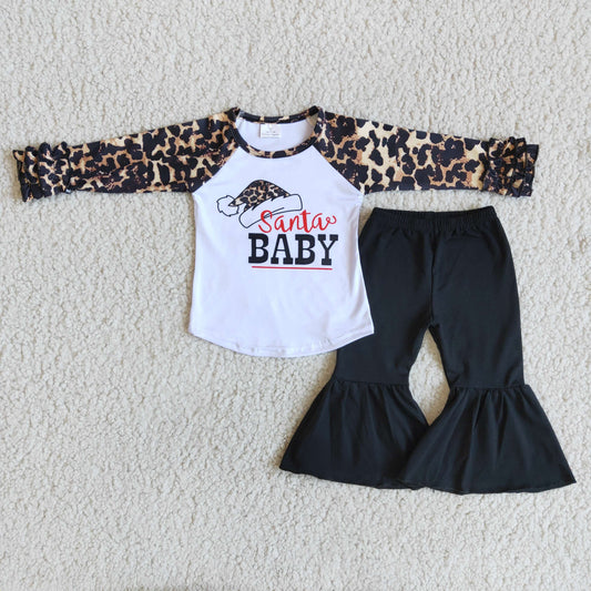(Promotion)6 A17-30 Santa Baby Leopard Top Black Bell Pants Girls Christmas Outfits