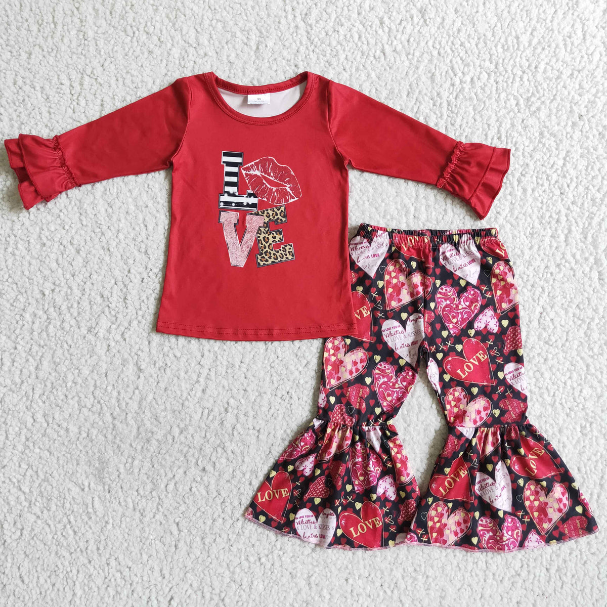 (Promotion)6 A2-14 LOVE Red Top Hearts Bell Pants Girls Valentine's Day Clothes Set