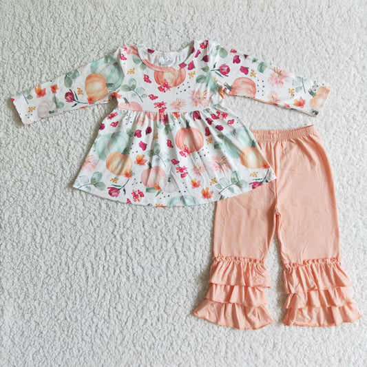 (Promotion) 6 A2-15 Pumpkin Tunic Top Pink Ruffle Pants Girls Fall Clothes Set